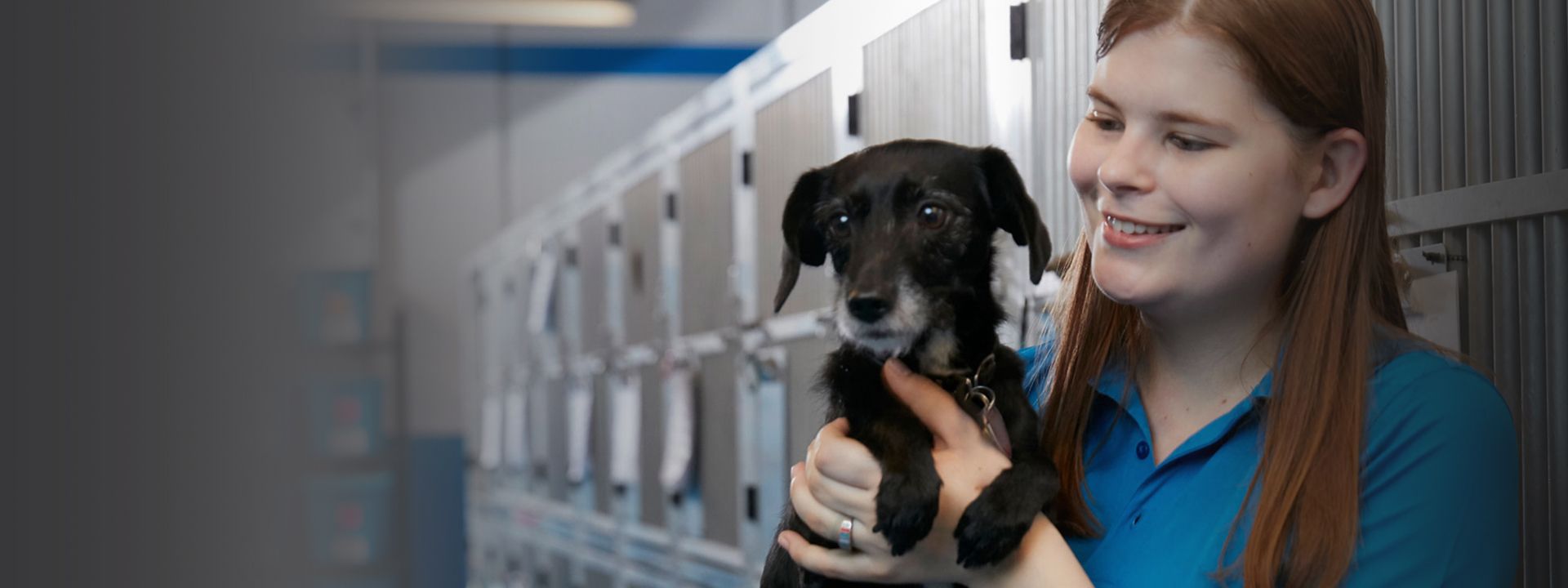 tk-9 employee holding black little dog